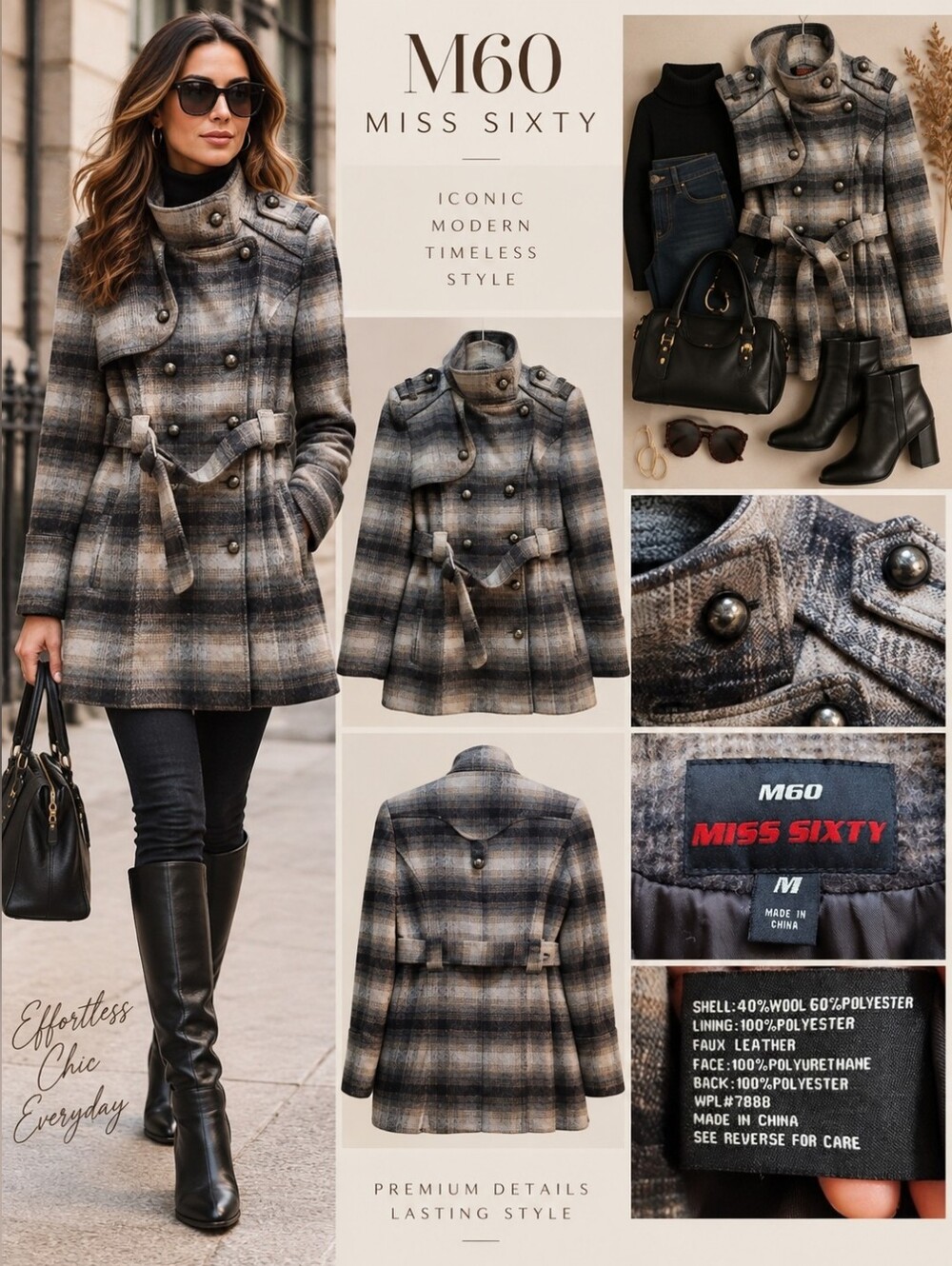 NWT M60 Miss Sixty Trench Coat Cream Brown Plaid Wool Blend - M